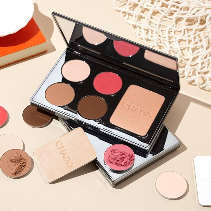 CHADO Monts & Merveilles Refillable Sculpting Palette | Bronzer, Blush, Contour, & Highlighter Pressed Powder Palette | Matte Setting Powder | 5 in 1 Face and Cheek Powders | Cruelty Free (Medium to Tan Skin)