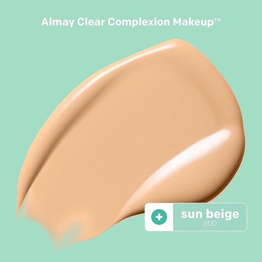 Almay Clear Complexion Acne Foundation Makeup with Salicylic Acid, Medium Coverage, Soft Matte Finish, Hypoallergenic, Cruelty- & Fragrance-Free, Dermatologist Tested, 600 Sun Beige, 1 fl oz