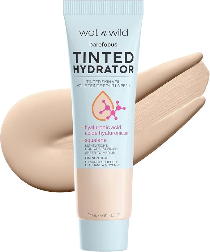 wet n wild Prime Focus Glass Skin Correct Primer Bright Crystal Finish Green 0.91 Fl Oz & Bare Focus Tinted Hydrator Light Medium Oil-Free Moisturizing Makeup