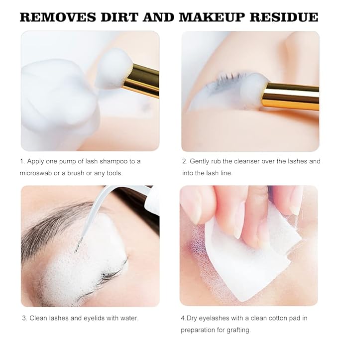 Eyelash Extension Cleanser 50 ml + Brushes + Rinse Bottle Eyelid Foaming Cleanser, Lash Foam Shampoo for Extensions and Natural Lashes, Makeup Remover For Salon and Home Use