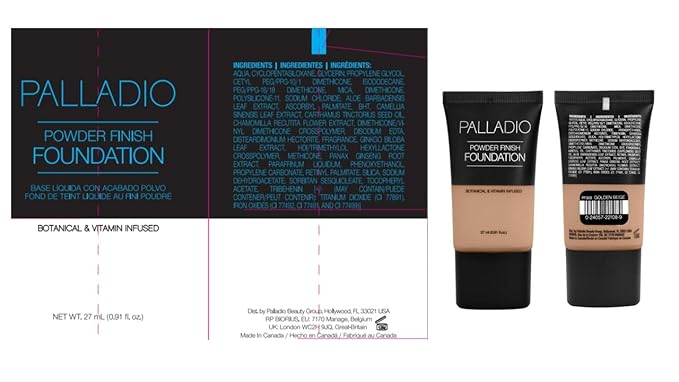 Palladio Powder Finish Liquid Foundation, Natural Matte Appearance, Reduces Fine Lines, Covers Large Pores, Hides Imperfections, All Day Wear, Sheer to Medium Coverage, Golden Beige
