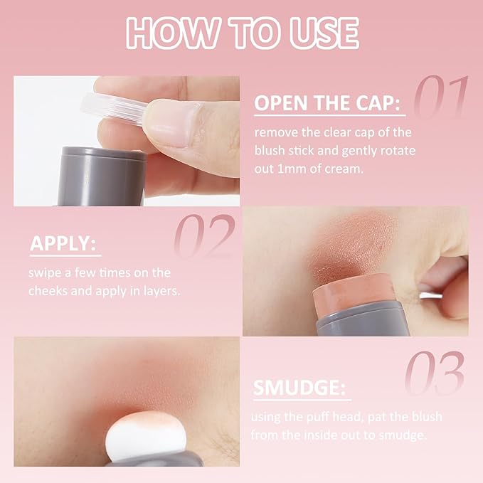 Boobeen Cream Blush Stick, Double-head, Lightweight Long-lasting Color Natural Blush Makeup Stick, Multi Face Blush for Cheek, Lip and Eye, Dewy Finish for All Skin Tones