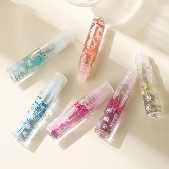 Petansy Flower Jelly Lip Oil Set 6 Packs Moisturizer Long Lasting Roll On Lip Gloss Set with Real Flowers Glossy Lip Make-up for Dry and Chapped Lips