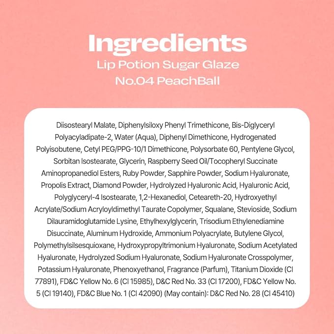 Lip Potion Sugar Glaze Tint | K-Beauty High-Shine & Long-Lasting Lip Tint | Hydrating, Non-Sticky Glossy Finish | 7 Shades | 0.3 Oz (No.4 Peach Ball)