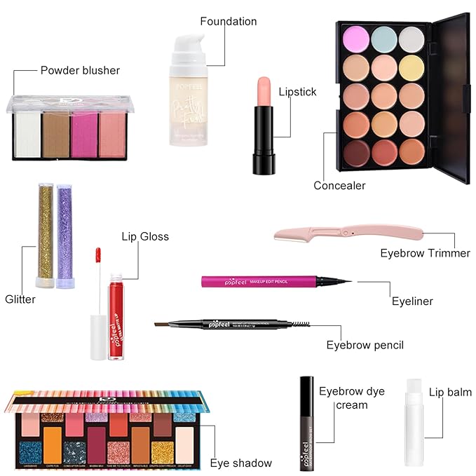 All in One Makeup Kit for Women Full Kit Girls Makeup Gift Sets Xmas Essential Bundle Include Eyeshadow Palette Lipstick Blush Concealer Eyeliner Mascara Foundation Brush Eyebrow Pencil