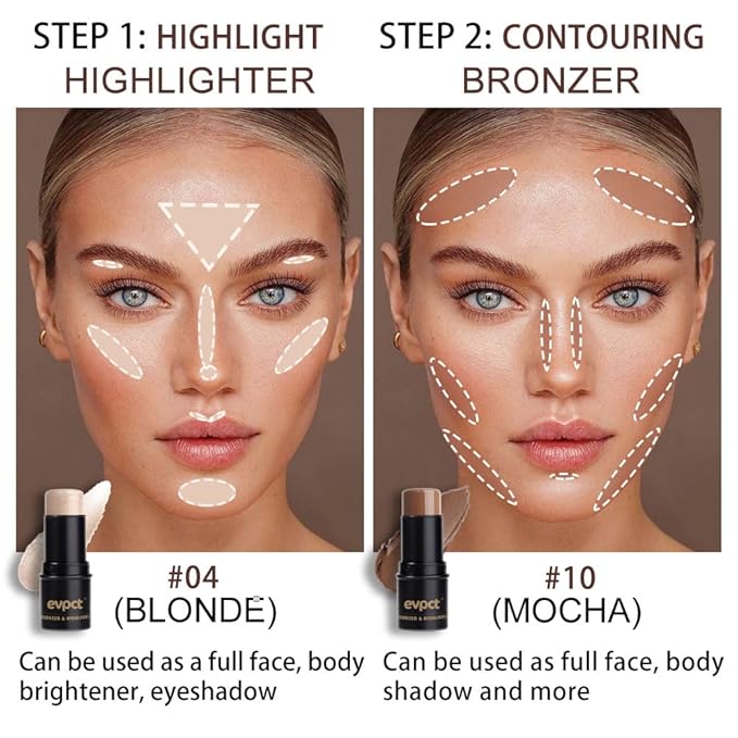Kaely 2Pcs Cream Contour Highlighter Stick Kit,Bronzer Cheek Contouring Highlight Palette,Primer Makeup Face Brightens & Shades,maquillaje contorno en crema Bronzing Concealer Stick Waterproof,04+10