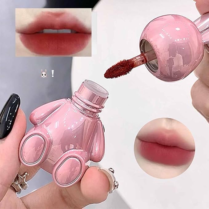 2Pcs Velvet Matte Lip Gloss Set,Cute Pink Rabbit Lip Glaze 2 in 1 Key Chain Liquid Lipstick,Non-Stick Cup Long Lasting Waterproof Bunny Lip Stain,Cute Lip Makeup for Girls