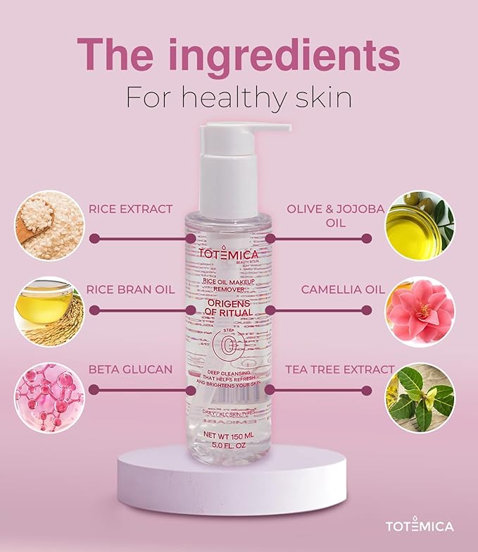TOTÉMICA Make up Remover, Cleansing Oil with Rice Bran & Jojoba, Waterproof Mascara Remover, Gentle & Hydrating Facial Cleanser for All Skin Types, Desmaquillantes para la cara - 150ml