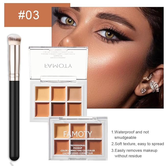 A3 6 Color Correcting Concealer Palette With Concealer Brush, Cream Contouring Makeup Kit, Corrects Dark Circles, Red Marks, Scars, Light to Medium or Creamy Finish