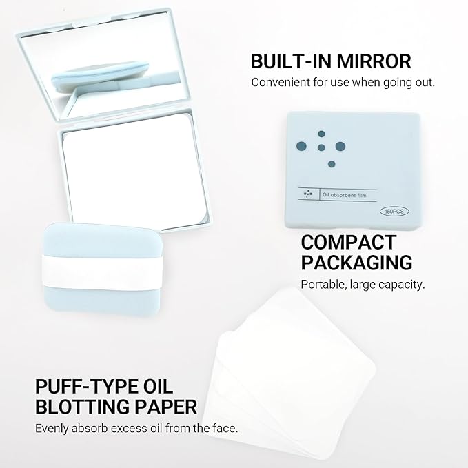 Erinde Upgrade Oil Control Film with Mirror and Puff, 150 Sheets Oil Blotting Paper for Oily Skin,Face Oil Absorbing Sheets, Absorb Excess Oil, Makeup Friendly