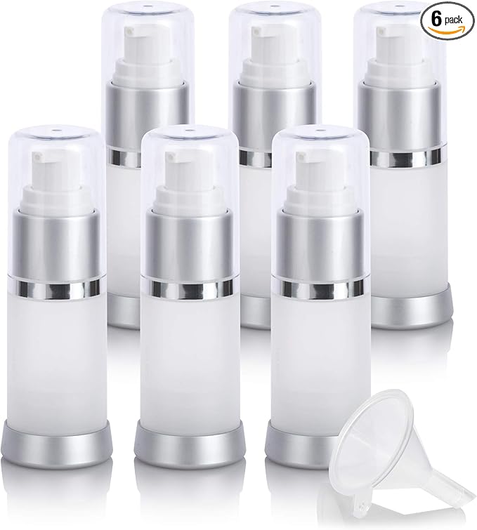 JUVITUS (6 PACK) 15 ml / 0.50 oz Frosted Airless Acrylic Foundation Bottle with Clear Cap + Funnel