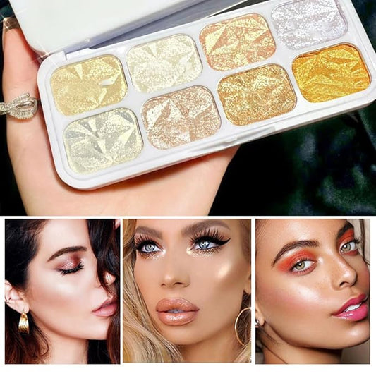 8 Colors Highlighter Makeup Palette, Face Highlighter Powder Palette Long Lasting Glitter Face Makeup Highlighter Powder Iluminadores de Maquillaje for Face Highlighters & Luminizers