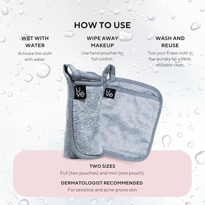UVe ERASE Makeup Remover Cloth, Reusable Microfiber Face Towel Removes Makeup with Just Water, Cleansing Face Washcloth, Soft and Gentle for All Skin Types