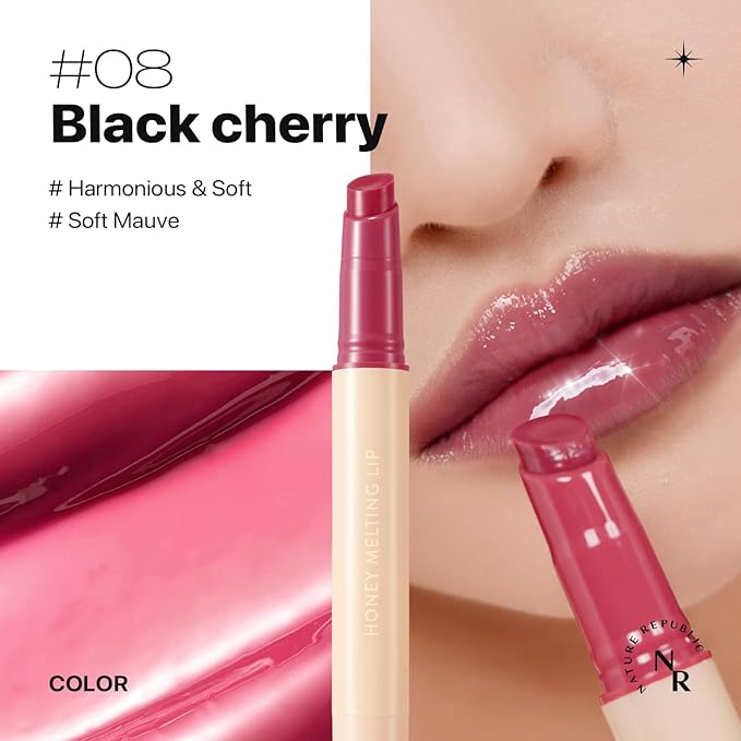 Nature Republic HONEY MELTING LIP (08 DARK CHERRY CHOUX) SOFT LIP STICK, Hydrating Gloss, Moisturizing balms, Sheer tint, Shine & Nude, Glowy Finish, korean make up