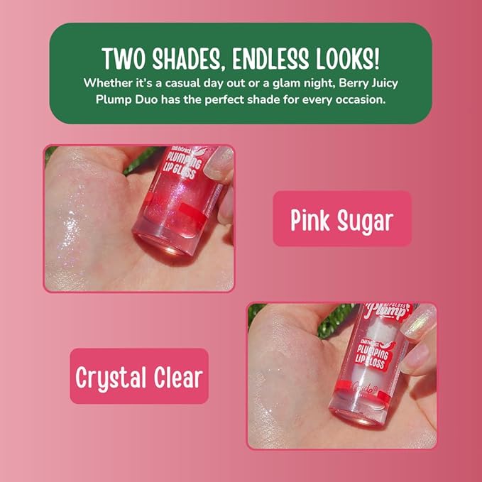 RUDE Cosmetics Berry Plump Lip Plumper Set, Plumping Lip Gloss for Women, Hydrating Cute Lipgloss Plump with Hyaluronic Acid, Shea Butter, Vitamin E & Chili Extract, Vegan, Pink Sugar & Clear