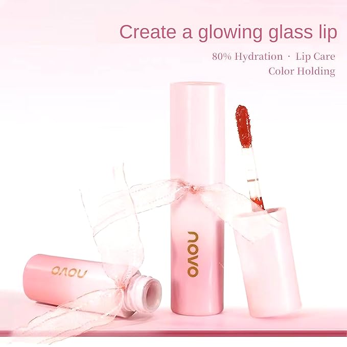 Novo Glassy Lip Stain - Hydrating Non-Sticky Shine, Long-Lasting, Moisturizing Formula for a Natural Look, Keeps Lips Vibrant & Soft All Day, Available in 02# Strawberry Iced Tea & 716# Apricot Orange