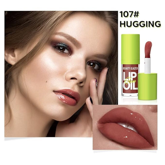 Beauty Glazed Big Brush Head Lip Oil, Ultra-Hydrating & Nourishing, Smooth Glossy Finish Lip Glow Oil, Shiny and Vegan Tinted Lip Gloss, Non-Sticky Formula (2, 107# HUGGING & 108# REBORN)