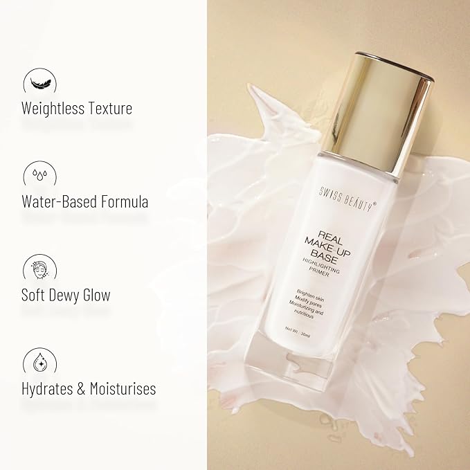 Real Makeup Base Highlighting Primer| Skin-Hydrating Poreless Primer With Natural Glow Finish For Face Makeup |Shade - Pink Tint, 32Ml