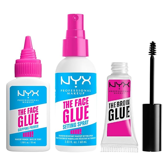 NYX PROFESSIONAL MAKEUP Bundle of The Brow Glue, Extreme Hold Clear Eyebrow Gel + The Face Glue Setting Spray + The Face Glue Gripping Primer