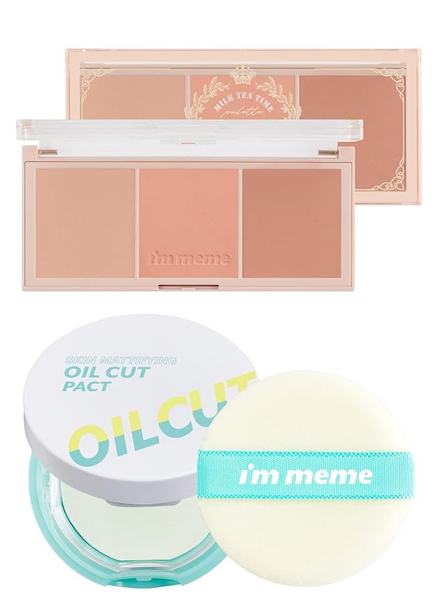 I'm Meme Compact - Oil Cut Pact 0.34 Oz + Palette - Afternoon Tea Blusher | 3 Shades Milk Tea Time, 0.42 Oz Bundle