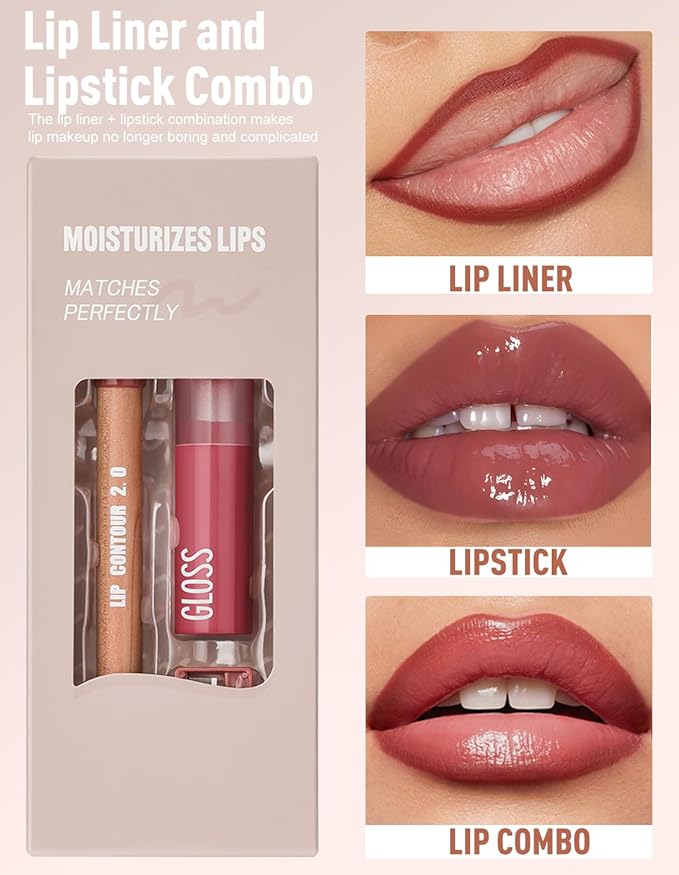 2 Pcs Lipstick and Lip Liner Set Hydrating Lip Tint Non-Sticky Lightweight Lip Balm Plumping Lip Kit for Women Matte Lip Pencil Long Lasting Gradient Glossy Lip Combo with Sharpener, 01