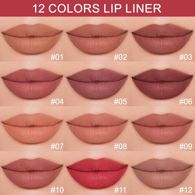 12 Colors lip liner pencils, Modern Classic Lip Liner, Lip Liner Pigmented Vegan Matte, Lasting Finish Lip Liner, Luxurious Creamy Long Lasting Lip Liner, Prevents Feathering and Fading, (01)