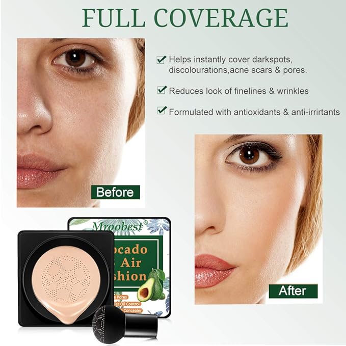 BB Mushroom Air Cushion, Avocado BB/CC Cream, All-Day Lasting Nude Foundation, Even Skin Tone Makeup Base, Easy to Apply, Thin, Moist