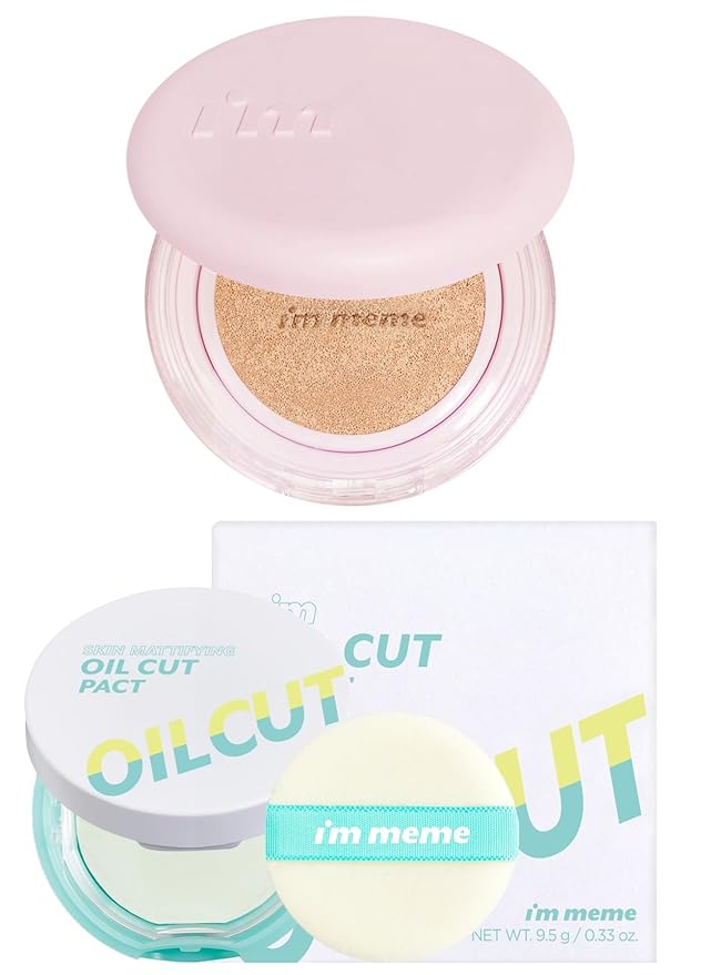 I'M MEME Wonder Velvet Cushion Foundation 02 Beige + Compact - Oil Cut Pact, 0.34 Oz Bundle
