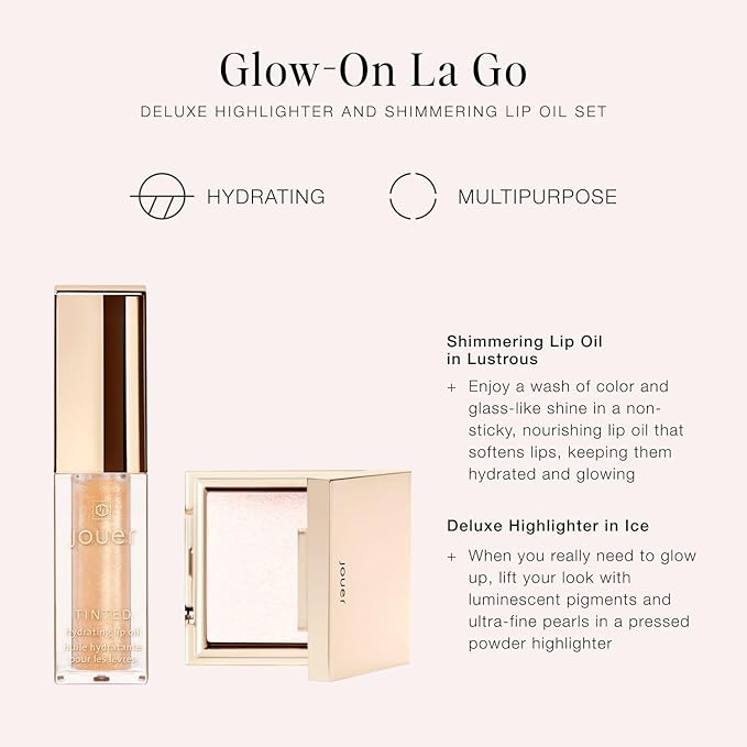 Jouer Glow On La Go Cheek & Lip Set - Deluxe Ice Highlighter + Diamond Shimmering Tinted Lip Oil - Highlighter Powder for Face - Luminizing Powder & Shimmer Lip Oil