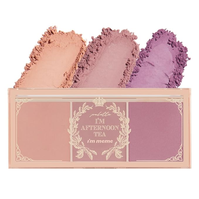 I'M MEME Blusher Palette - Afternoon Tea_Fruit FLavor | Soft Pink, Peach, Lavender, 3 Shades Palette, Matte Powder, Face & Cheeks, For All Skin Tones, Powdery Finish, Lightweight Formula, 0.4 Oz