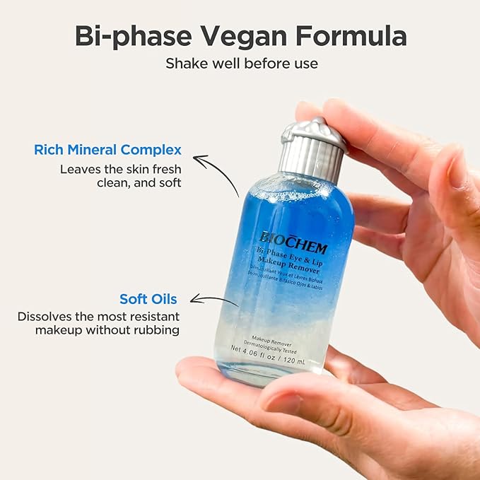BIOCHEM Bi-Phase Eye & Lip Heavy Makeup Remover, Waterproof Mascara Remover, Gentle Cleanser for Waterproof Makeup & Mascara with Natural Ingredients for All Skin Types (4.06 fl. oz / 120 ml)