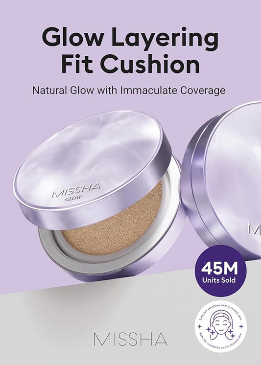 MISSHA Serum Cushion Glow Layering Fit Cushion Foundation No.21 Vanilla Light Beige for Bright Skin, Korean Foundation Makeup, Rich-Texture, Full-Coverage, 24-Hr Hydrating, Triple Glow System