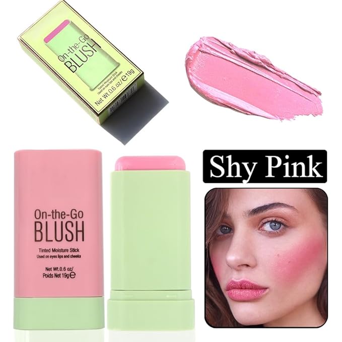 Multi-Use Makeup Blush Stick for Cheeks, Cream Blush Wand, Tinted Solid Moisturizer Stick for Cheek Eyes Lip Tint, Natural Nude Makeup, shypink