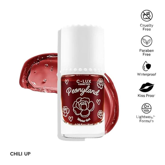 Peonyland Water Tint Cosmetics – 2-in-1 Lip and Cheek Stain, Hydrating, Lightweight, Long-Lasting, Waterproof, Kiss-Proof, Paraben-Free – Chili Up (Red Wine Tone)