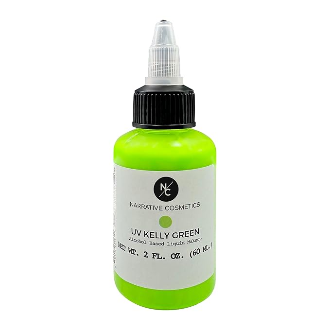 UV Fluorescent Alcohol Airbrush Paints - 2 fl oz, Glow Effect, Waterproof, Sweatproof, Highly Pigmented Liquid Makeup for Bodypainting, Film, TV, Festivals - UV Kelly Green