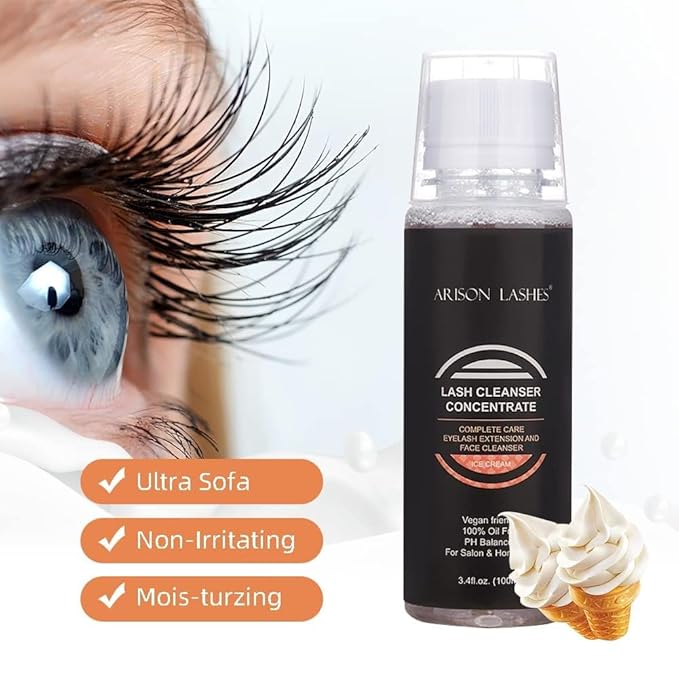 ARISON LASHES Lash Shampoo Concentrate for Lash Extensions Eyelash Cleanser Concentrate Oil-Free Eyelash Extension Shampoo with Salon Home Care(100ML ICE Cream)