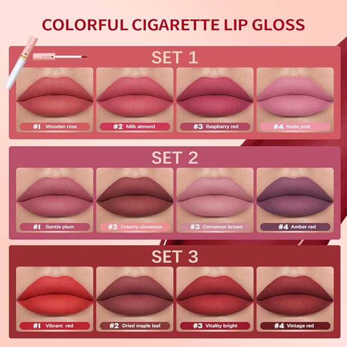 LADYFOX 4 Colors Matte Cigarete Lipstick Set, Natural Velvet Liquid Lipstick for Women, Waterproof Lipstick Tube Lip Tint Stain, Lip Stain Long Lasting 24 Hours (Set, 2)