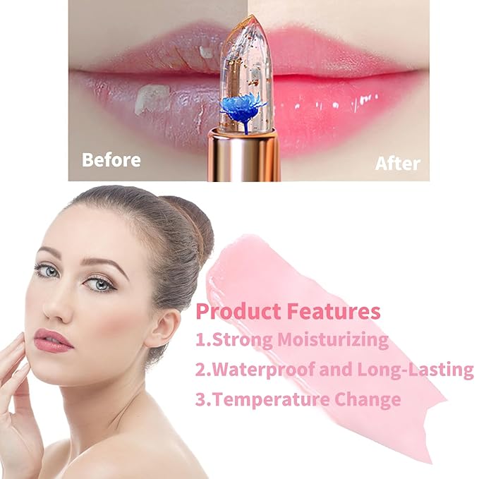 BLUE LOVE 2PCS Color Changing Flower Lipstick - Hydrating Jelly Lip Balm with Flower, Long-Lasting Moisturizer & Nourishing Lip Gloss (Gold&Pink)