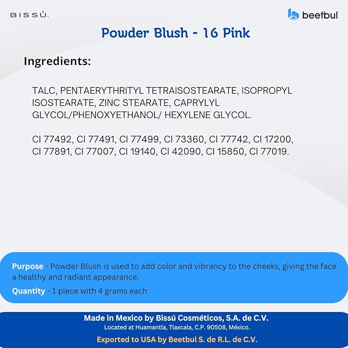 Bissú Blush 4g c/u, Intense Pigmentation, Soft Texture, Matte and Satin Finishes (16 Pink)