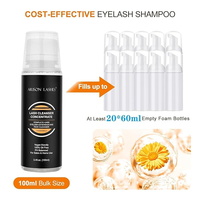 Eyelash Foaming Cleanser Concentrate - 100ml Non-Irritating Lash Extensions Shampoo for DIY Care - Makes 20 Bottles of 60ml Chamomile Lash Cleansers