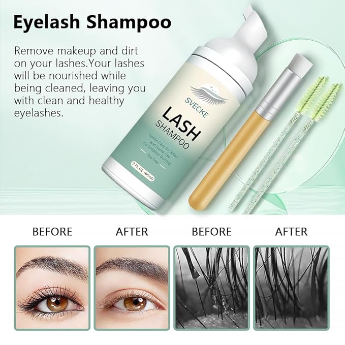 Lash Shampoo Kit for Eyelash Extension, Eyelash Shampoo 2 fl.oz / 60ml, Eyelash Extension Cleanser, Lash Eyelid Foam Cleaning Kit for Salon Use and Home Use (Tea Tree)