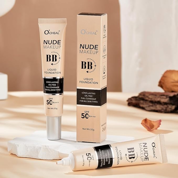 O'CHEAL BB Cream with SPF 50+ | Full Coverage Tinted Moisturizer with Buildable Concealer Powder Foundation, Oil-Free, Hydrating & Matte Finish | Vegan, Cruelty-Free, for All Skin Types(Natural)