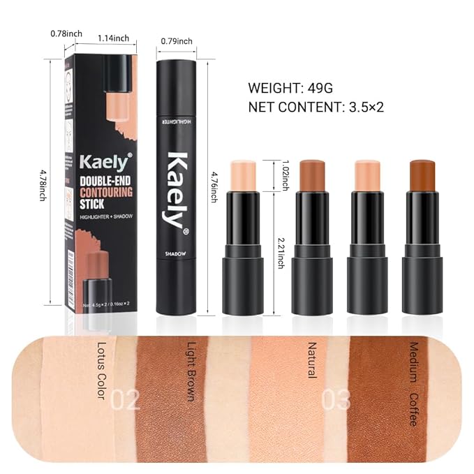 Kaely 4 Color Highlighter Contour Stick,Cream Contour Palette Kit for Beginners,Bronzer Contouring Sticks,contorno maquillaje para mujer en oferta,Concealer Stick Primer Face Makeup Brightener,02+03
