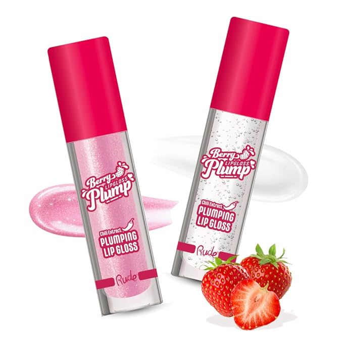 RUDE Cosmetics Berry Plump Lip Plumper Set, Plumping Lip Gloss for Women, Hydrating Cute Lipgloss Plump with Hyaluronic Acid, Shea Butter, Vitamin E & Chili Extract, Vegan, Pink Sugar & Clear