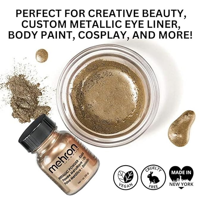 Mehron Makeup Metallic Powder | Metallic Chrome Powder Pigment for Face & Body Paint, Eyeshadow, and Eyeliner 1 oz (28 g) (Gold)