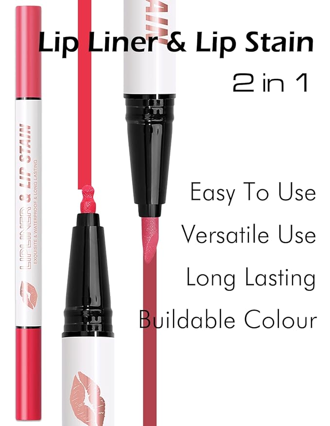 Double-headed Lip Liner Stain Long Lasting Waterproof 2 Colors Liquid Lip Liner Pencil Marker High Pigmented Smooth Application Precise Pen-Like & Chisel Tip Hydrating Lipstick for Women, 03