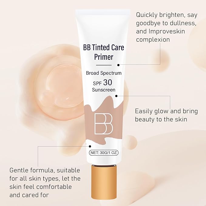 BB Tinted Moisturizer SPF 30, BB Tinted Care Primer, BB Tinted Care Primer, Full Coverage Light-Medium Skin Color Hydrating & Smoothing Natural color