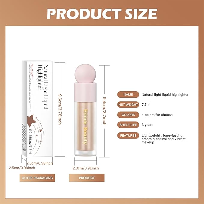 Erinde Liquid Highlighter - Face Highlighter Bronzer Makeup Stick, Natural Glossy Finish, Lightweight Blendable Cream Face Illuminator, Cruelty-free, 02# STARLIGHT