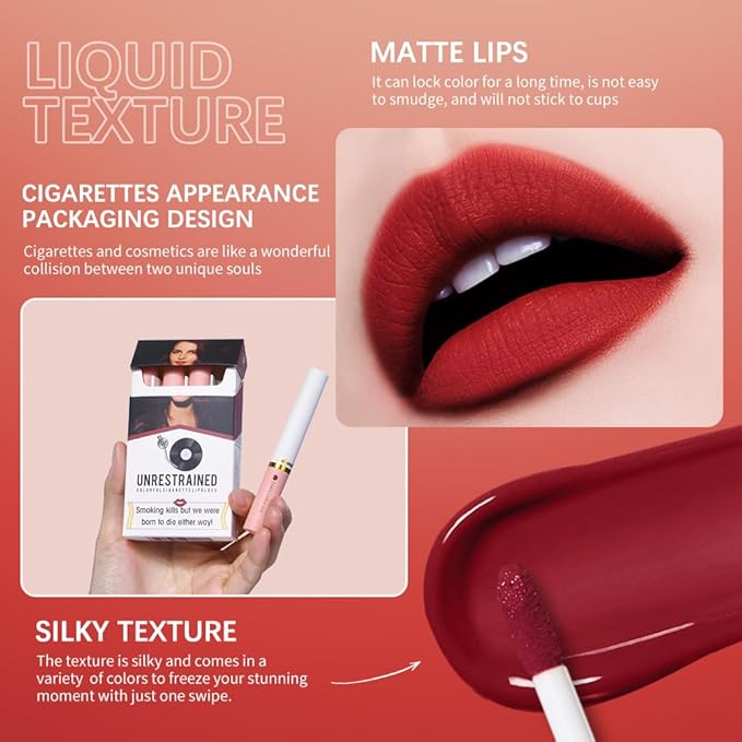 LADYFOX 4 Colors Matte Cigarete Lipstick Set, Natural Velvet Liquid Lipstick for Women, Waterproof Lipstick Tube Lip Tint Stain, Lip Stain Long Lasting 24 Hours (Set, 2)