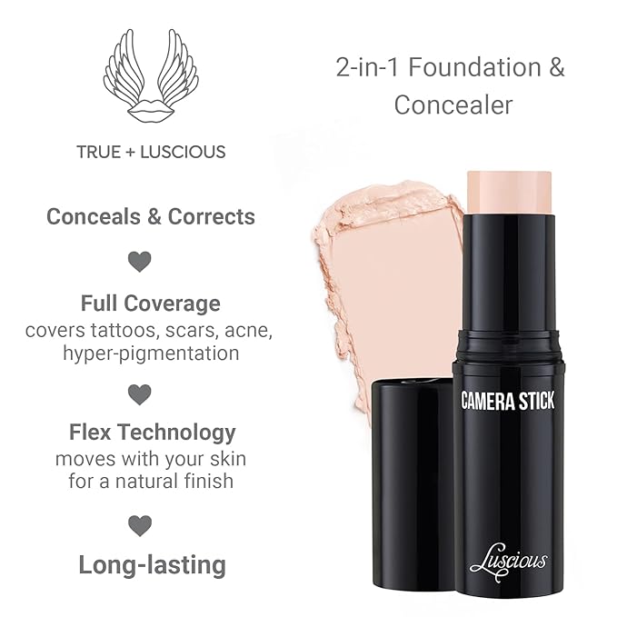 Luscious Cosmetics Camera Stick Foundation, Full Coverage Cream, Easy Blend, Hydrating Formula, Vegan, Cruelty-Free, 0.49 Ounces, Pink Porcelain